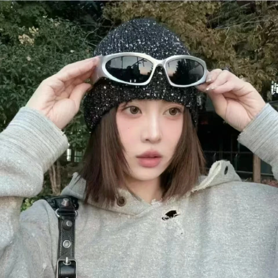 Весенняя тонкая женская Вязаная Шапка-бини с блестками в Корейском стиле