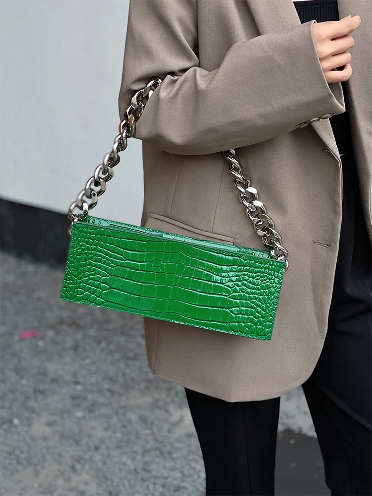 Genuine Leather Crocodile Pattern Cowhide Square Bag Women's Handbag Lady Purse Shoulder Underarm Bag Messenger Bag Armpit Bag