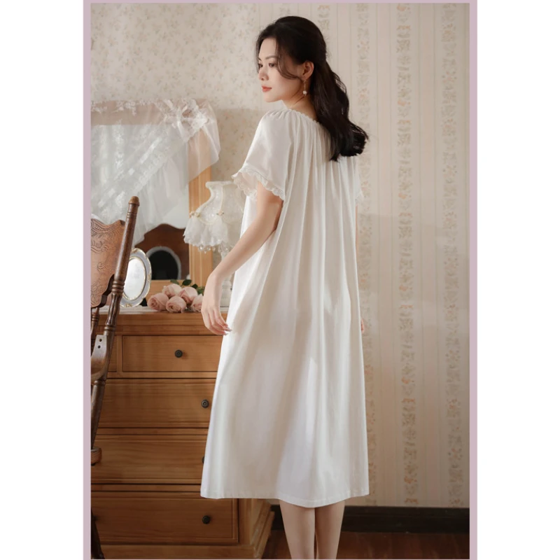 Victorian Cotton Night Dress Women Summer White Short Sleeve Long Peignoir Princess Sleepwear Vintage Nightgowns Maternity Wear
