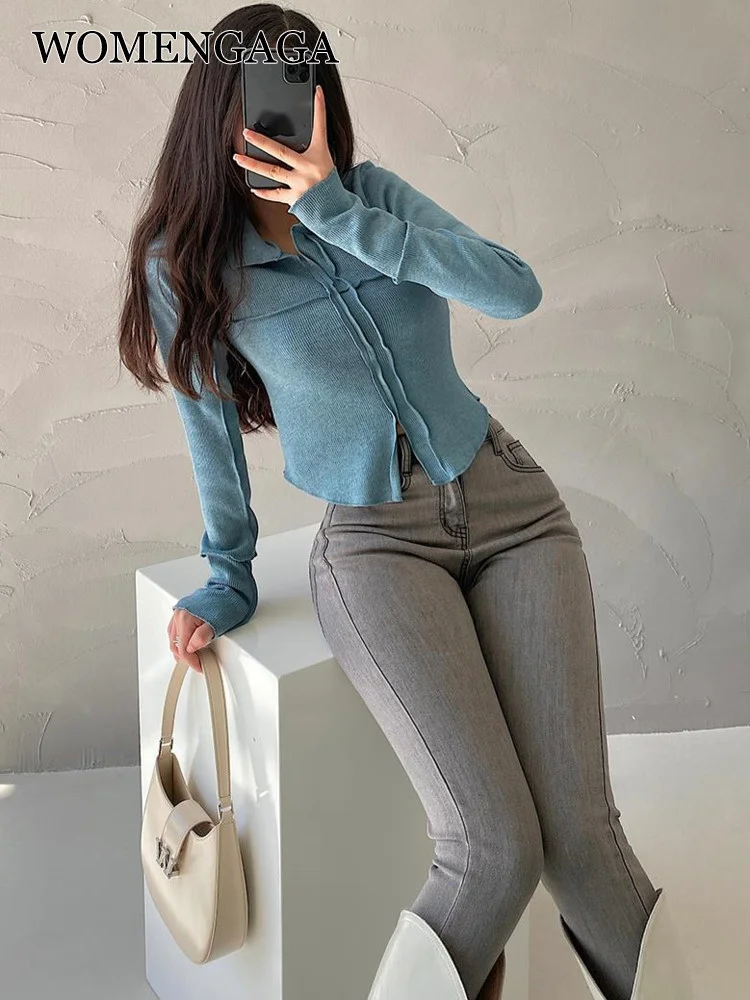 

Женская Облегающая рубашка с отложным воротником, Американская футболка с длинным рукавом, футболки, синие базовые осенние и зимние женски...