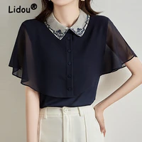 2022 cape collar navy blue elegant chiffon shirt korean style casual blouse for female 2022 short sleeve embroidery clothing