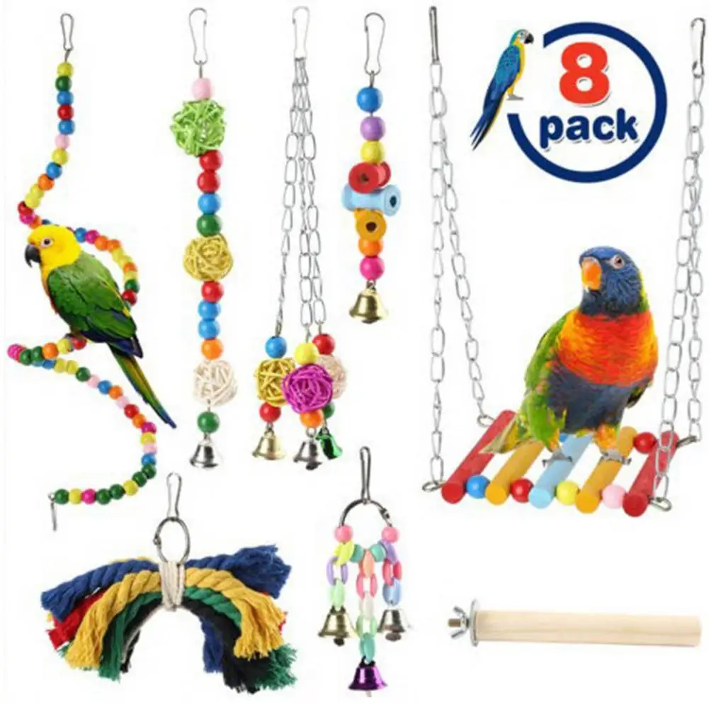 

8Pcs/Set Pet Bird Toys Multi-color Relieve Boredom Bite Resistant Parrot Swing Ladder Sepak Rope Perch Stand Toy with Bells