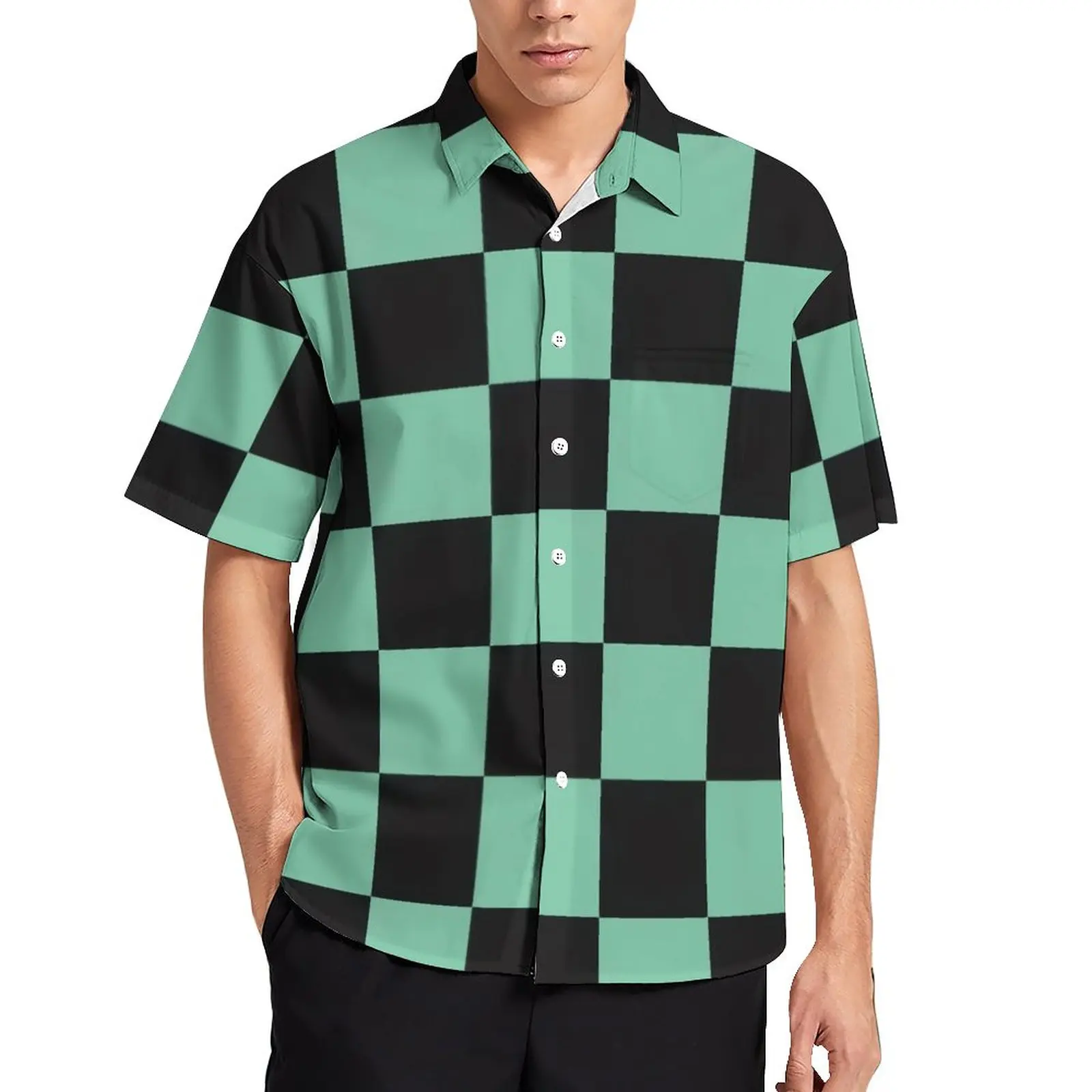 

Tanjiro Loose Shirt Man Beach Black Greeen Checkerboard Casual Shirts Hawaiian Graphic Short Sleeve Streetwear Oversized Blouses