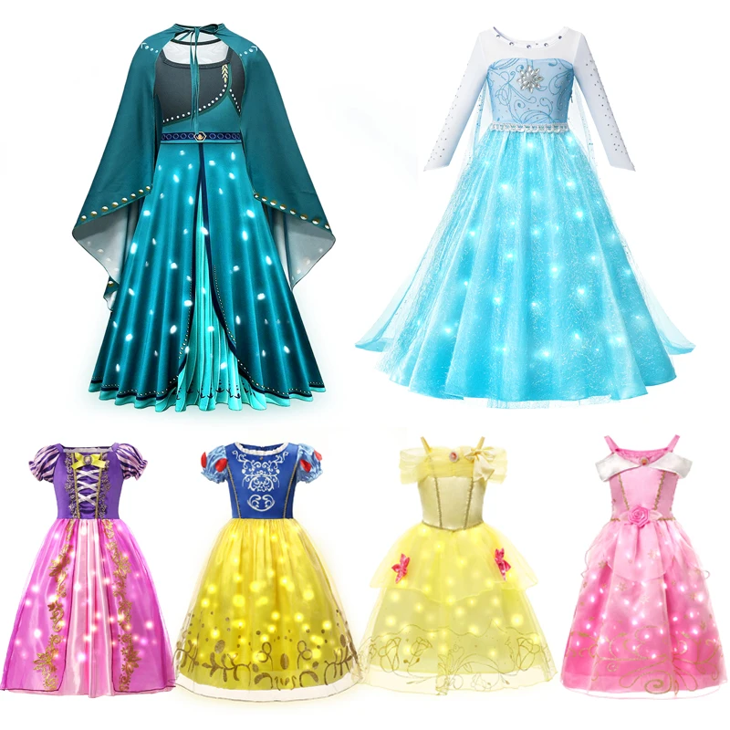 Disney LED Light Princess Dress Girl Elsa Anna Aurora Kid Birthday Party Clothes Halloween Cosplay Cinderella Frozen Costume