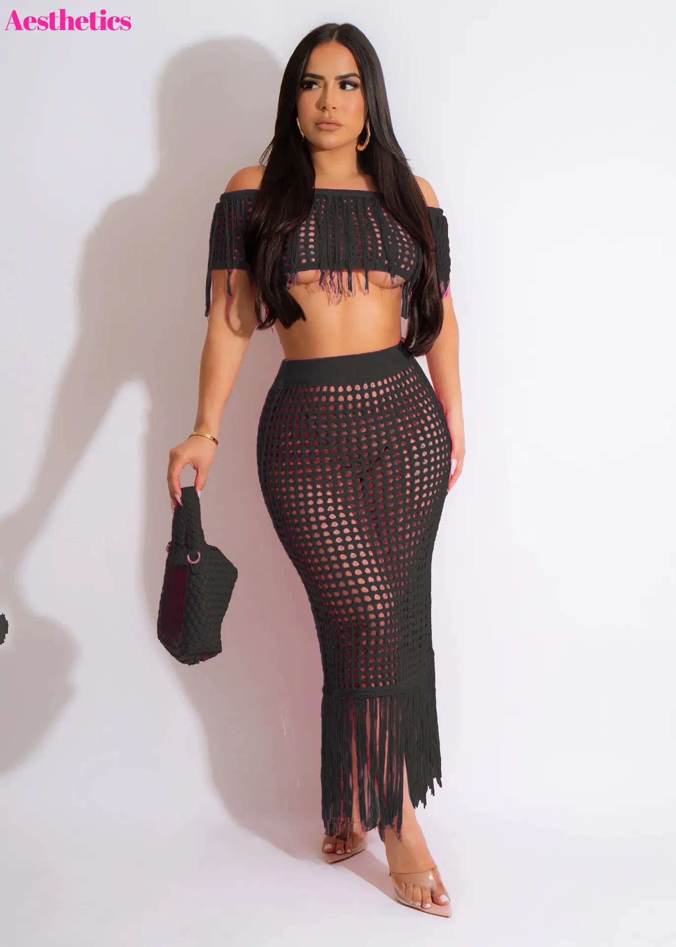 

Sexy Knit Crochet Hole Beach Set Crop Top And Long Skirt 2023 Summer Holiday Tassels Hollow Out Two 2 Piece Set Dress Outfits