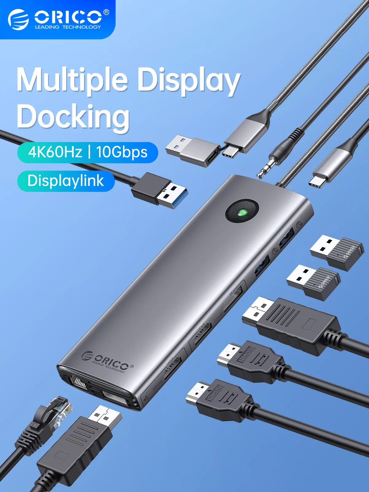 

ORICO Type C Displaylink Docking Station Dual 4K60Hz HDMI-com 10Gbps USB HUB PD100W RJ45 3.5mm Adapter for Windows/Mac OS/Linux