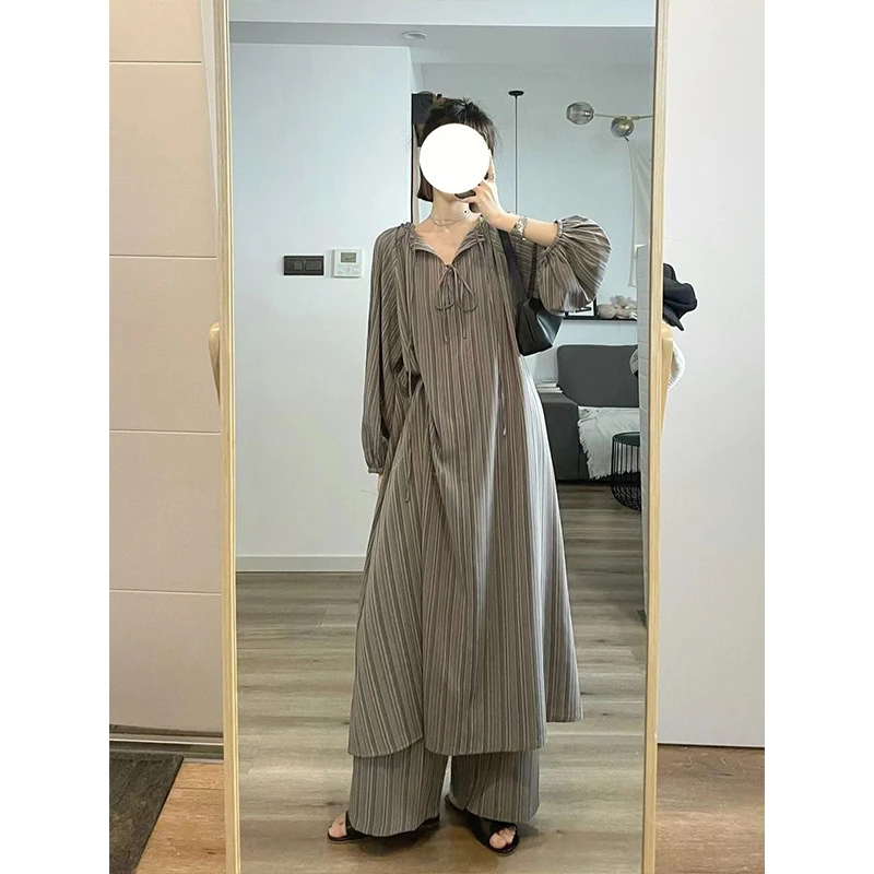 CAIYIER Winter Korean Women Nightwear Gray Stripe  Long Sleeve Nightgowns With Long Pants Casual Sleepwear Loose Pajamas Set