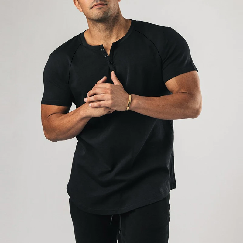 

Summer Vintage Henley Collar Cotton Tee Men Sports Slim Fit Short Sleeve Button-up T Shirt Mens Casual Pure Color T-Shirts Gym