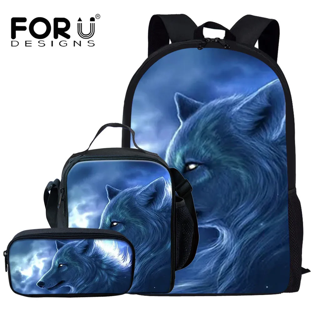 

FORUDESIGNS 3D Wolf Pattern School Bag Set for Teenager Students Fashion 3Pcs Campus Book Bag Youth Boy Gilrs Leisure Backpack