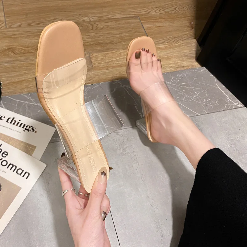 

New Women's High Heels Square Toe Transparent Crystal Heel Slippers Sexy Leopard Print Chunky Heel Beach Shoes Sapato Salto Fino
