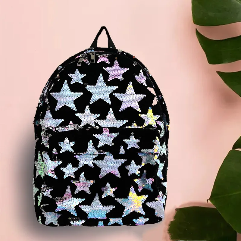 Sequins Star Backpack Women Large Schoolbags for Girls Teenager Student Casual Bag Cute Small Backpack Women Fashion with Pompom