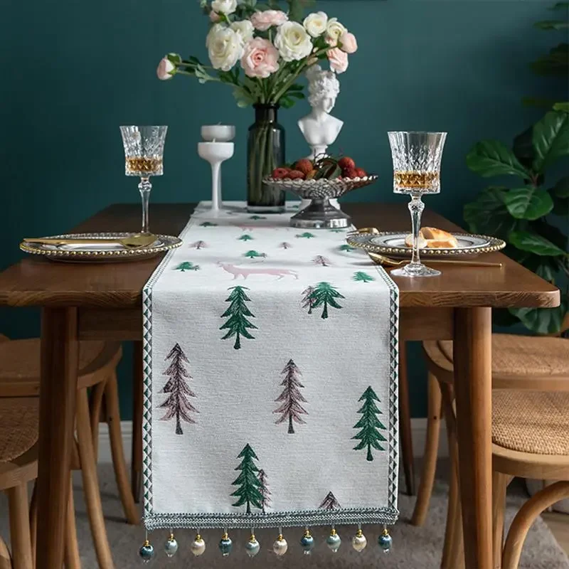 

Christmas Elk Xmas Tree Table Runner Chenille Tassel Table Cloth Home Party Festival Decoration Ornaments 2021 New