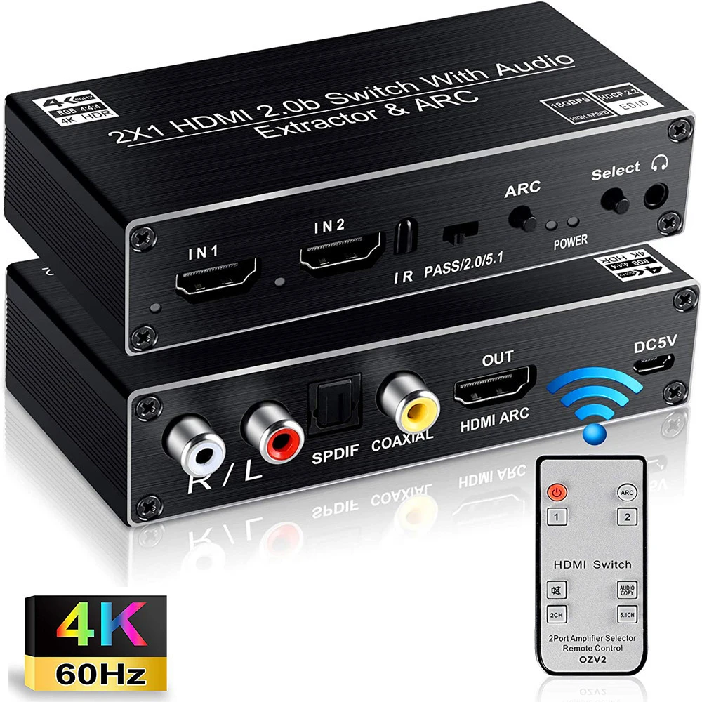 2 port HDMI Switch Audio Extractor with R/L+Toslink SPDIF+COAXIAL Audio Out Adapter 4K 60Hz HDMI ARC Audio Switcher 2x1 Selector