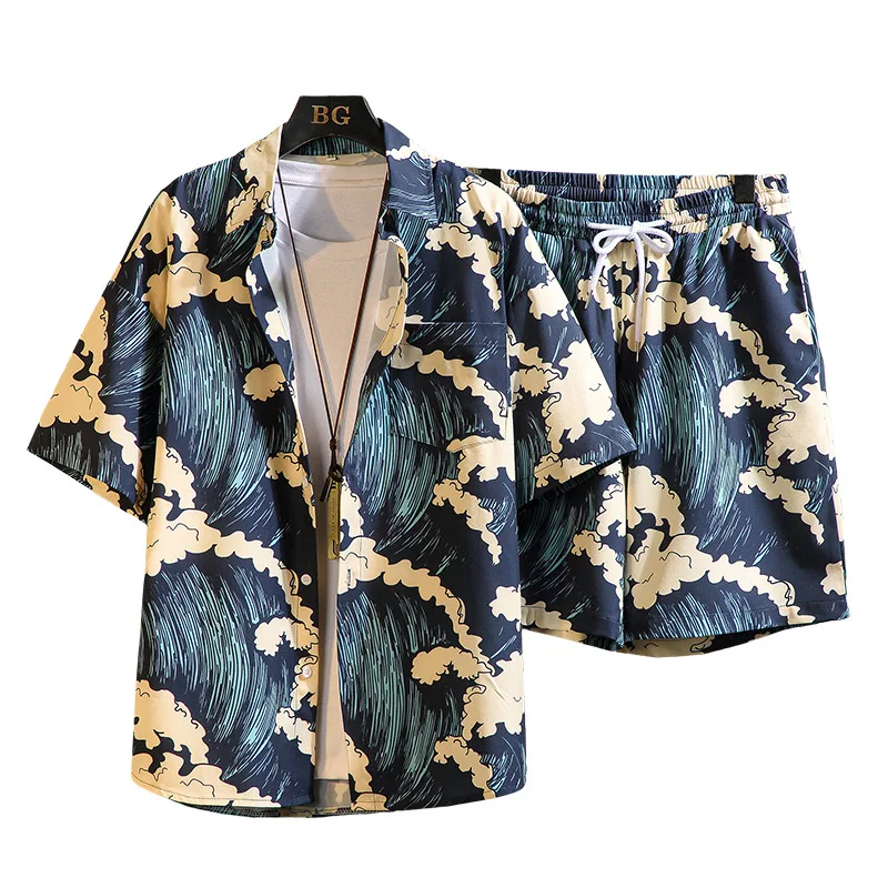2023 New Men's Casual Set Summer Fashion Printing Short Sleeve Shirt Shorts Two Piece Set men clothing