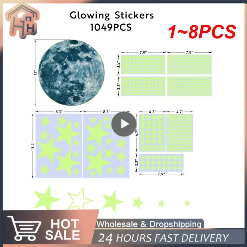 

1~8PCS New Hot Sale Aesthetic 5/12cm 3D Luminous Glow In The Dark Moon Wall Sticker Removable Decoration Fluorescent Sticker