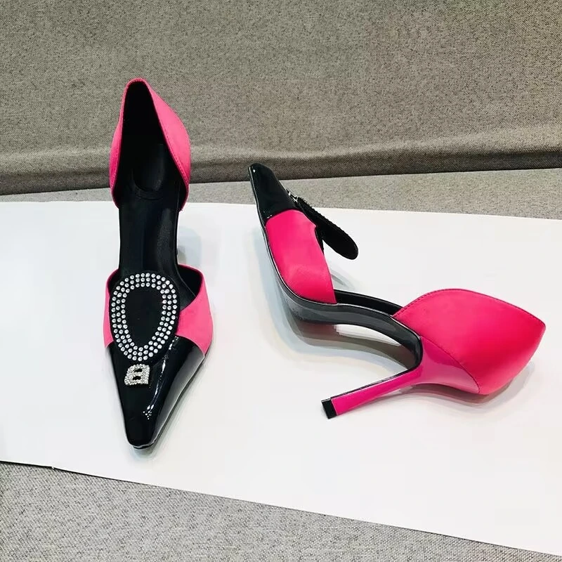 Women's Hollow Sandals 2023 Spring and Autumn New Color Block Letter Water Diamond Small Square Head High Heel Banquet Shoes