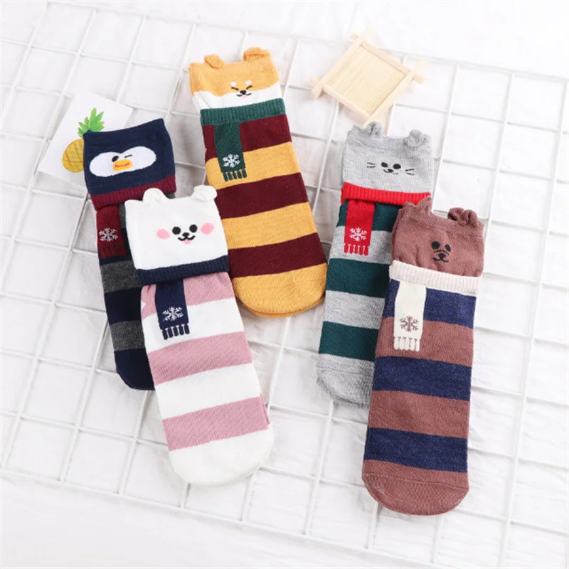 

2022 New Fall and Winter Season Ladies Cotton Casual Wide Striped Socks Cartoon Animal Scarf Straight Board Socks