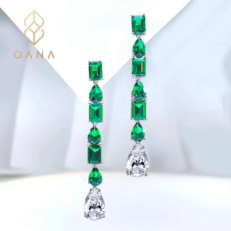 

OANA Fashion Retro All-Match Emerald Drop 925 Sterling Silver Earrings Inlaid With High Carbon Diamond Niche Design Jewelry