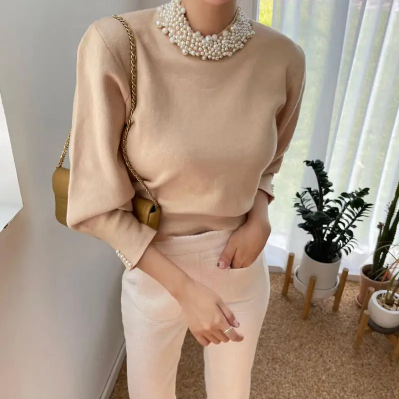 Корейские Элегантные вязаные пуловеры свитер вязаная одежда с бусинами и ложным