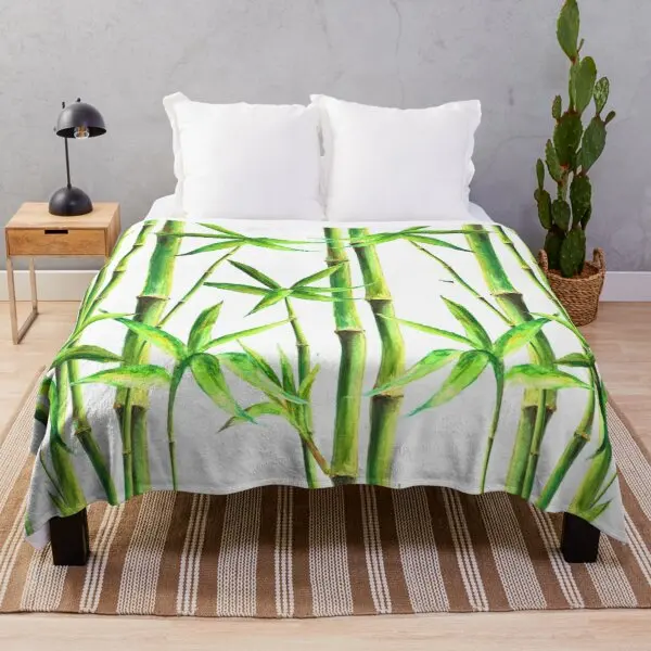 

Bamboo Ink Painting Flannel Throw Blanket Green Plant Blanket Warm Soft Lightweight King Queen Full Size Gift for Kid Boys Girls