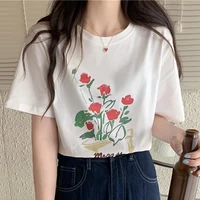 flowers print t shirt women korean fashion womens clothing tee shirt short sleeve summer loose tshirt tops 2022 camisetas mujer