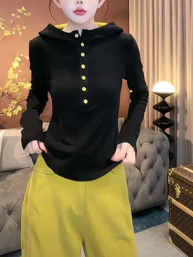 Plus Size High-End Black Temperament Hood Shoulder Korean Series 2024 Autumn New Half-Open Collar Breasted Bottoming Shirt T-...