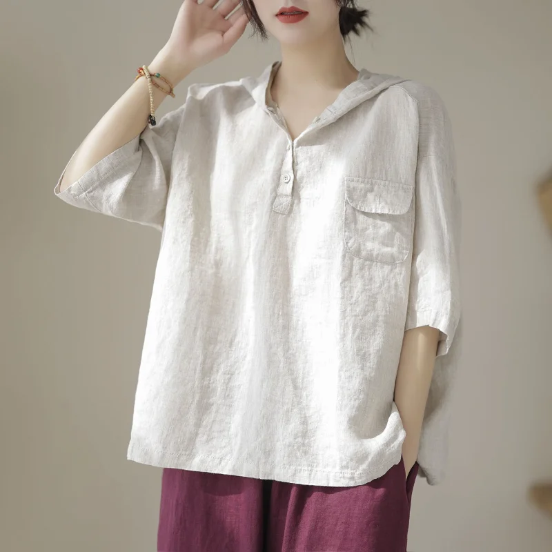 

2023 Summer New Women's Shirts Cotton and Hemp Solid Loose Casual Mid Sleeve Shirt and Blouses for Women