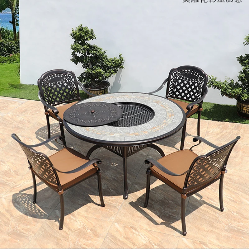 

Outdoor barbecue table and chairs courtyard garden cast aluminum tile furniture self-service charcoal barbecue stove home outdoo