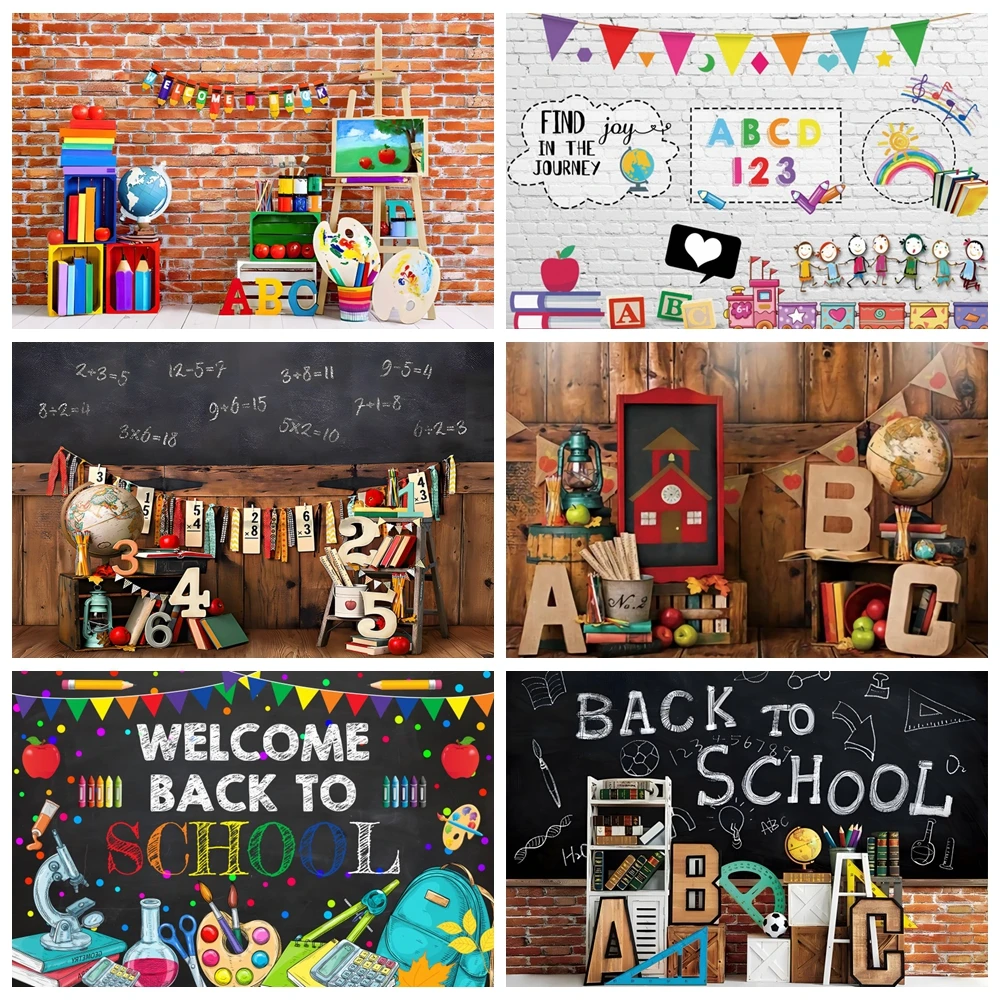 

Welcome Back To School backdrop Black Chalkboard Globe Pencil Book Classroom Children Student Photography Background Party Decor