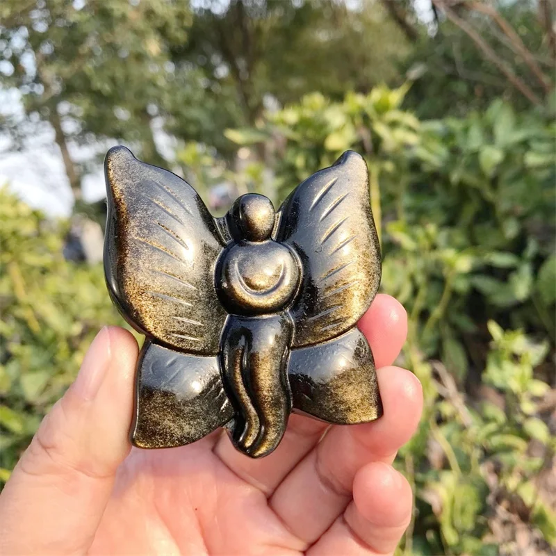 

6cm Natural Golden Obsidian Crystal Carved Butterfly Fairy Figurine Healing Energy Gemstone Crafts For Home Decoration 1pcs