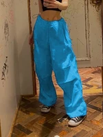 weiyao blue cool girl y2k pants one pocket back streetwear cargos drawstring low waist baggy joggers womens hippie trousers