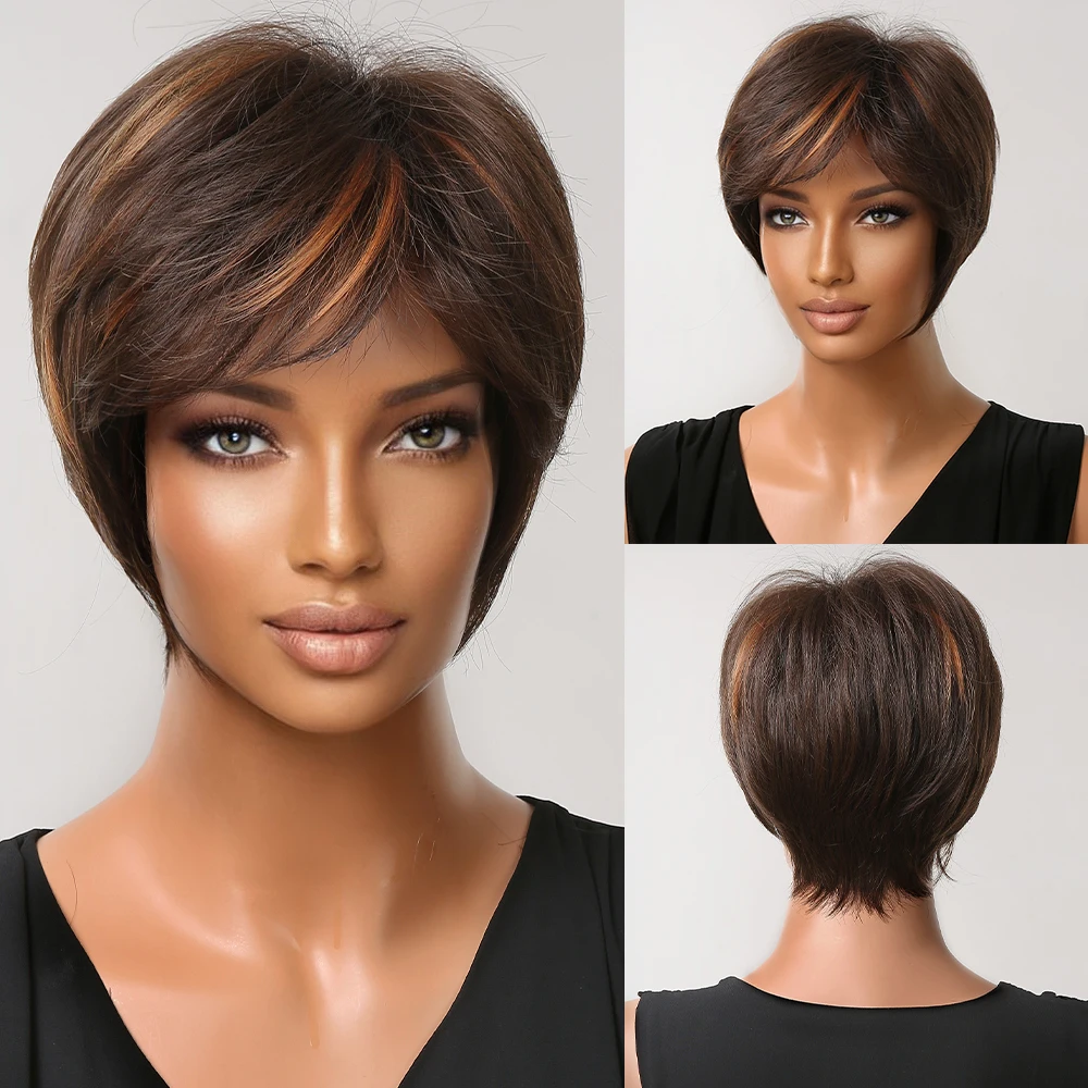 

Brown Orange Highlight Synthetic Wigs Short Straight Hair Wig with Bangs for Black Women Cosplay Afro Wigs Heat Resistant