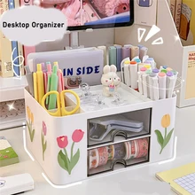 Simple Pen Holder With Drawer Multifunction Desktop Organizer Stationery Storage Box With Sticker Student Office Desk Decoration