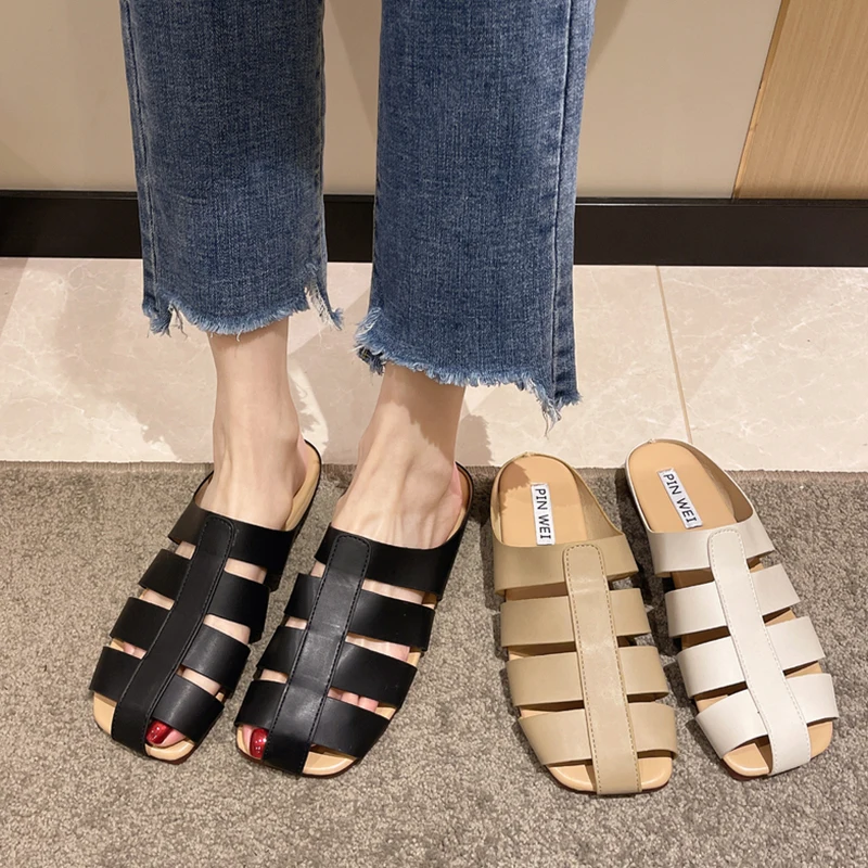 

Шлепанцы женские на низком каблуке, из ПУ кожи, без задника