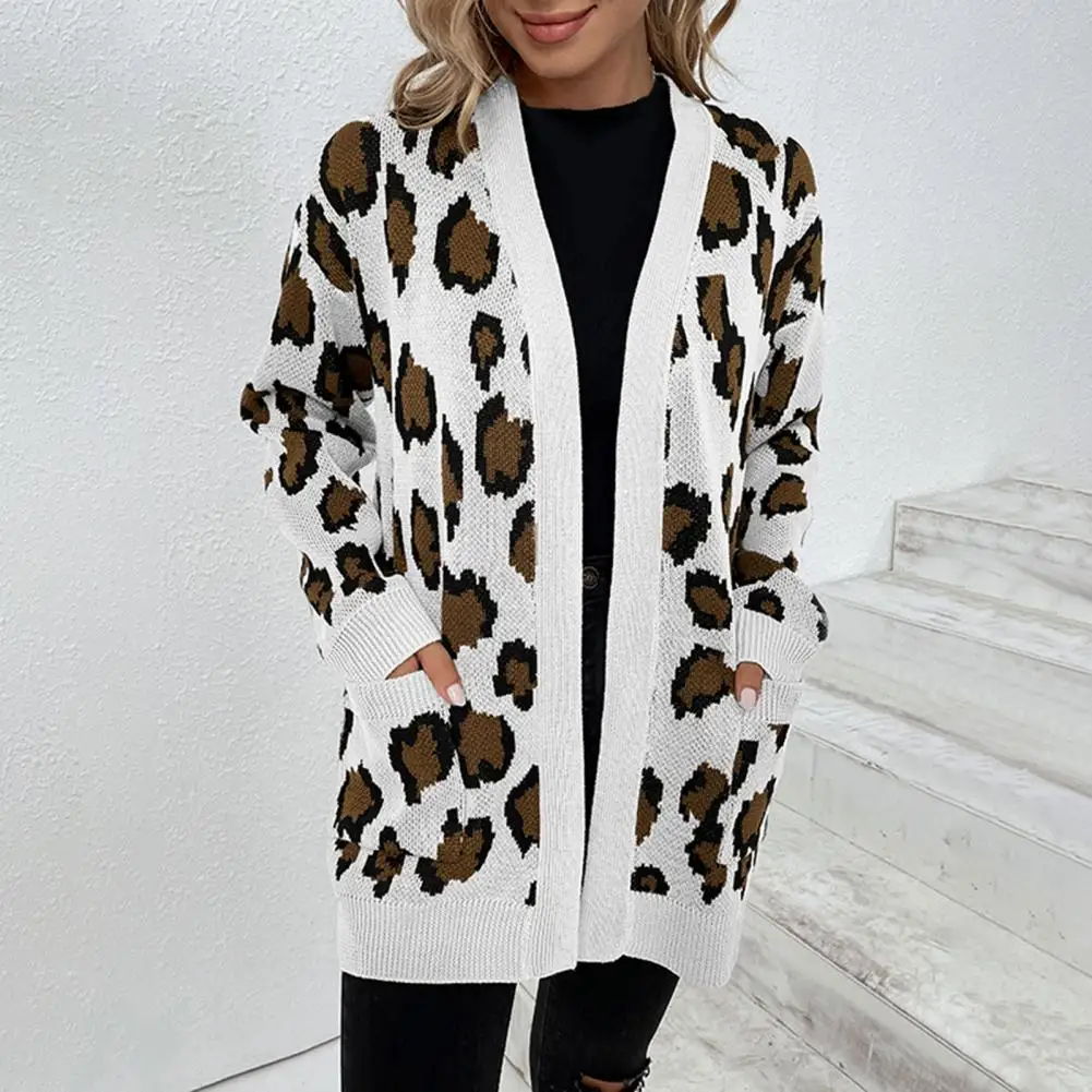 

Модный свитер, пальто, ветрозащитное вязаное пальто с длинным рукавом, свитер средней длины с леопардовым принтом