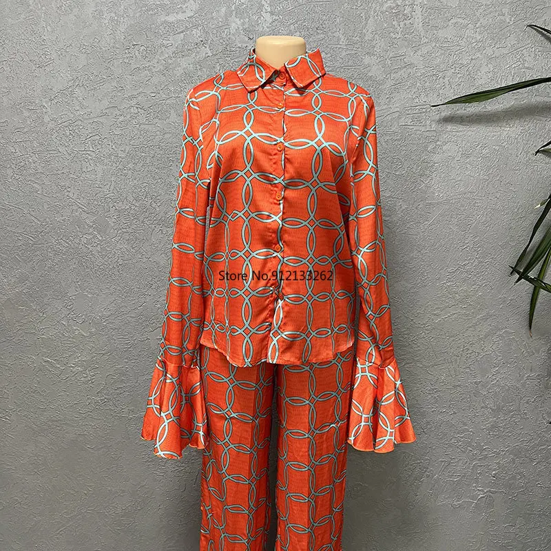 

Casual Blouses 2 Pieces Pants Set Women Long Sleeve Shirts Straight Pant Suits Outfits Female Print Boho Two Piece Sets Pantsuit