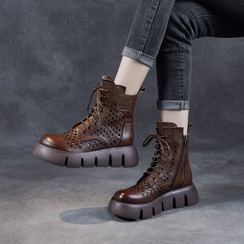 Cowhide muffin bottom retro hollowed-out Martin boots women's thin short boots 2023 new spring and summer heel shoes cool boots