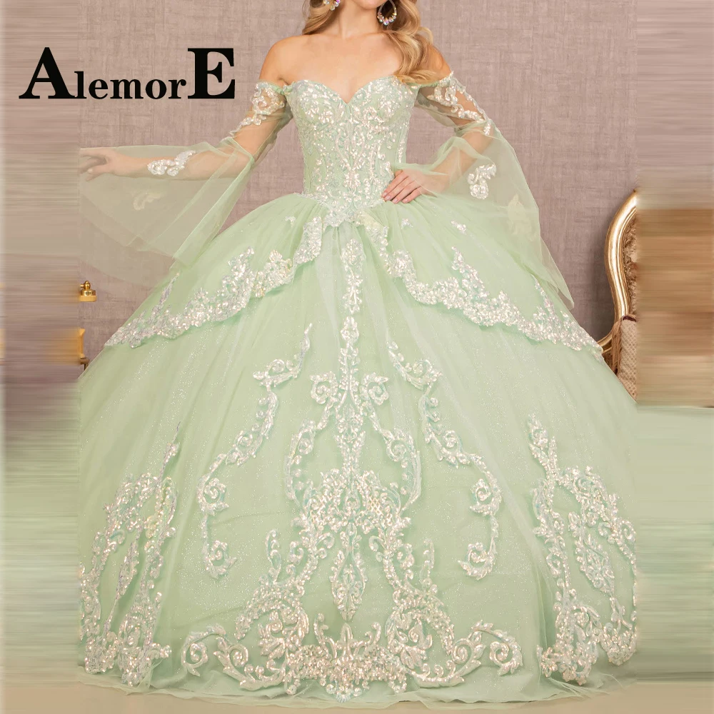 

Alemore Graceful Ball Gown Quinceanera Dresses Sweetheart Puffy Sleeves Appliques Formal Pleat Custom Made Vestido De 15 Anos