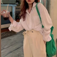 spring korean fashion loose casual women shirt laziness solid color ladies long sleeved thin cotton silk pockrt button up shirt