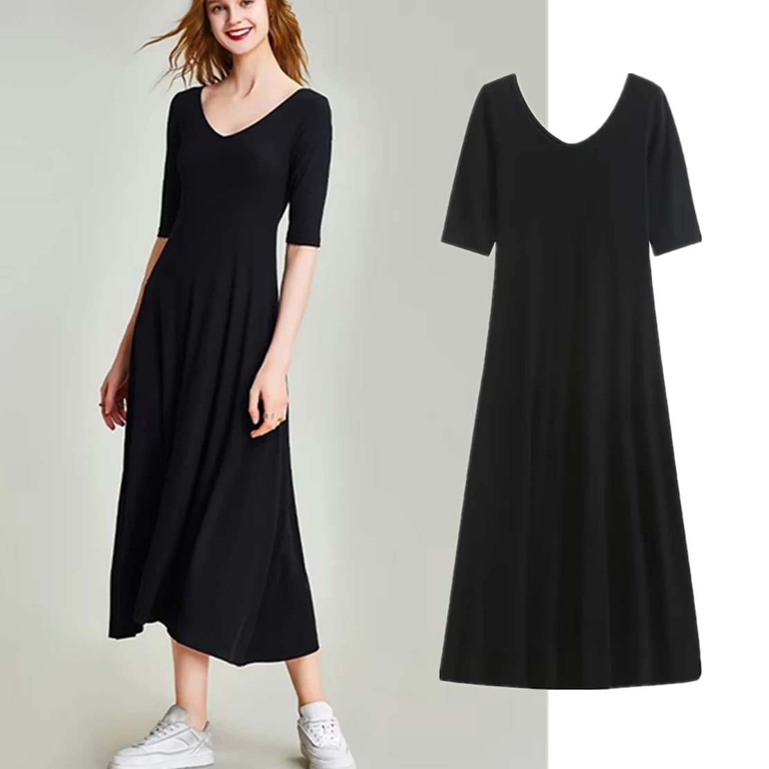

Maxdutti 2023 Spring And Summer British Dress Women Fashion V Neck Slim Dress Elegant Black Rib Knit