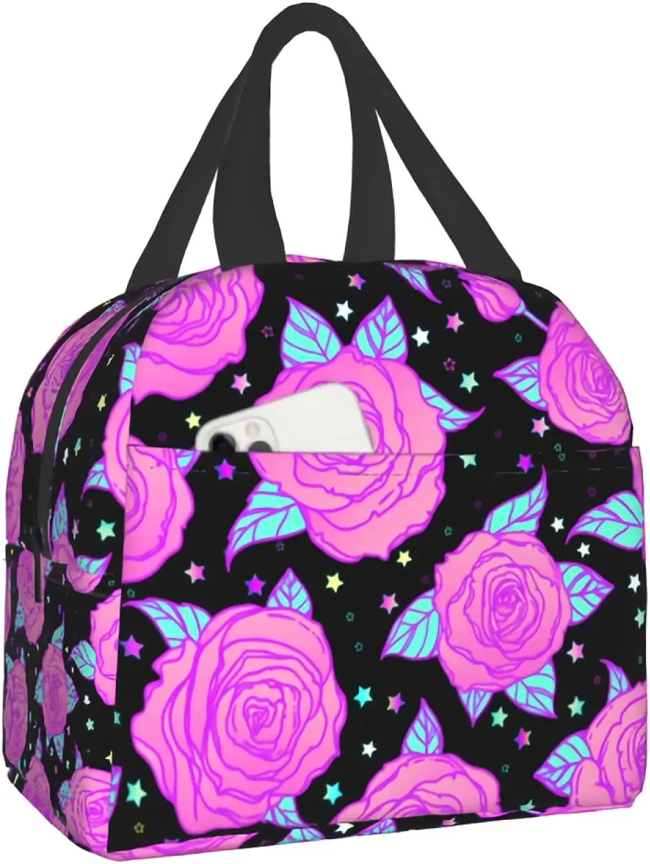 

Roses Lunch Bag Goth Cooler Bag Vintage Floral Insulated Bag for Women Men Teen Girls Boys Office Work School Picnic Beach