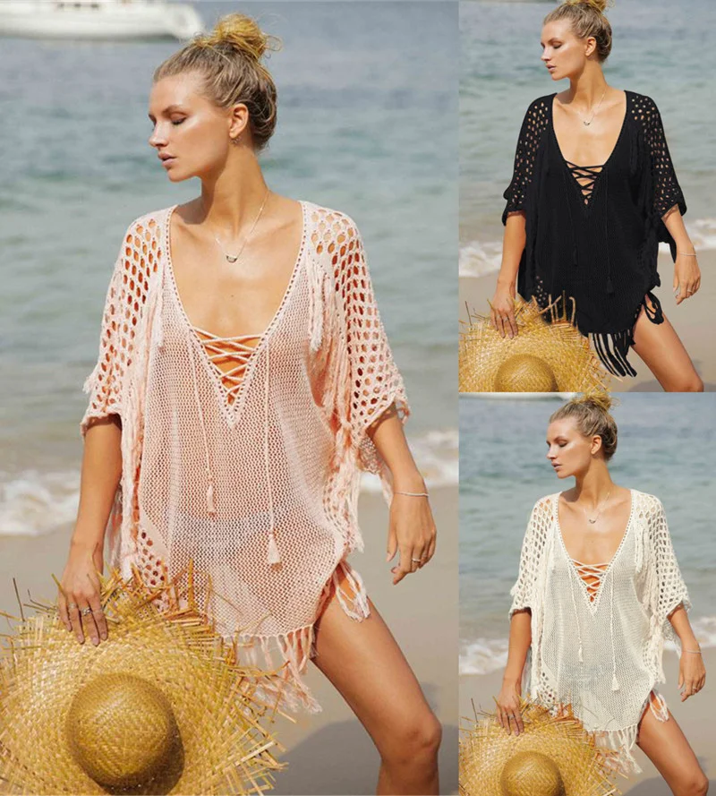 

2022 new women's enlarged v-neck pregnancy knitted fringed beach blouse pregnant women holiday sunscreen shirt seaside dress