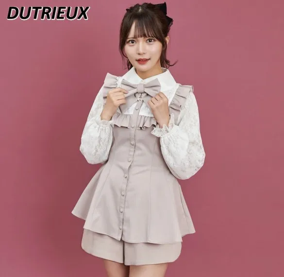 

2023 Autumn New Japanese Style Lace Long Sleeve Plaid Dress Shorts Set Women Sweet Lolita Bow Long Sleeve Dress Two-Piece Sets