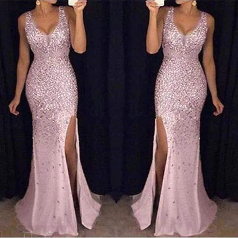 2022 New Spring And Autumn Women Sexy Elegant Party Dresses Long Skirt V-neck Split Gold Dress Luxurious Banquet Evening Dress