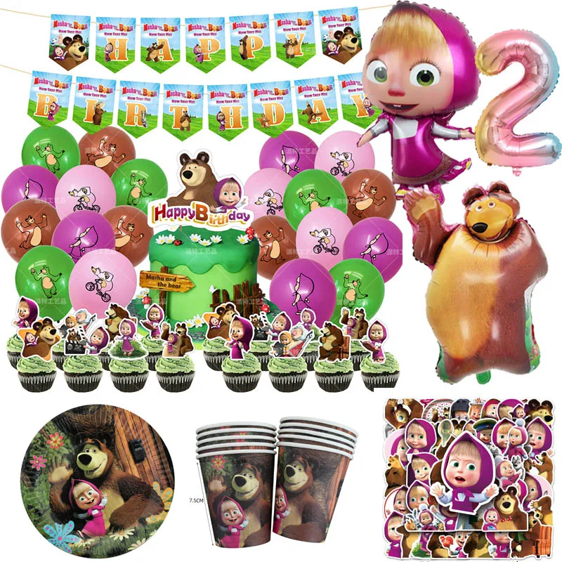 Украшения для дня рождения Mashas и Bear, аксессуары для мультфильмов, одноразовые наборы посуды для детей, подарочные чашки для девочек