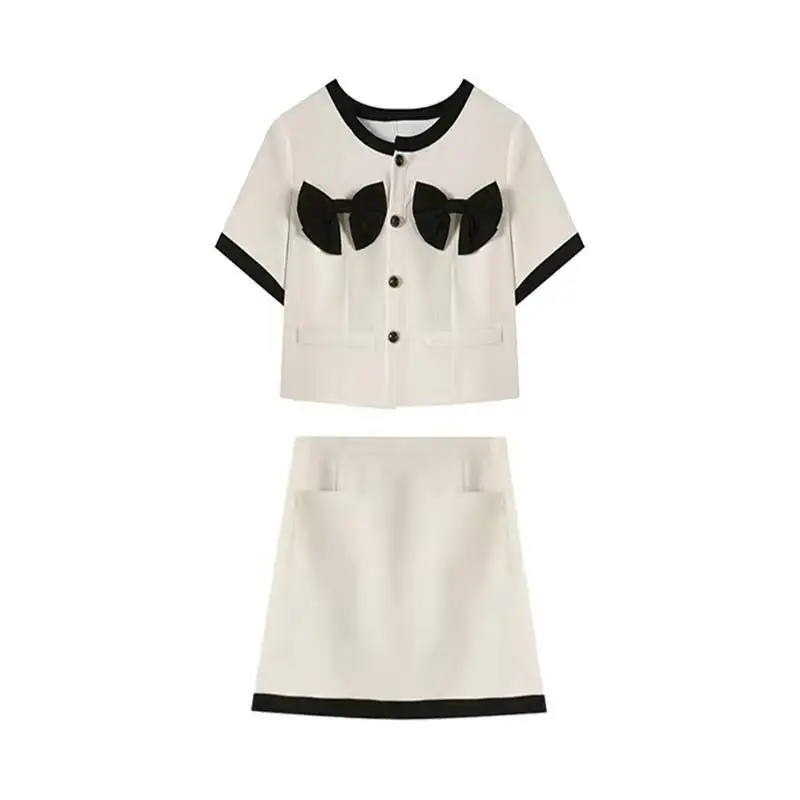 

Summer Skirt Suits Women Fashion Short-sleeved Round Neck Bow Single-breasted Short Blazer Tops Mini Skirt 2pcs Matching Set