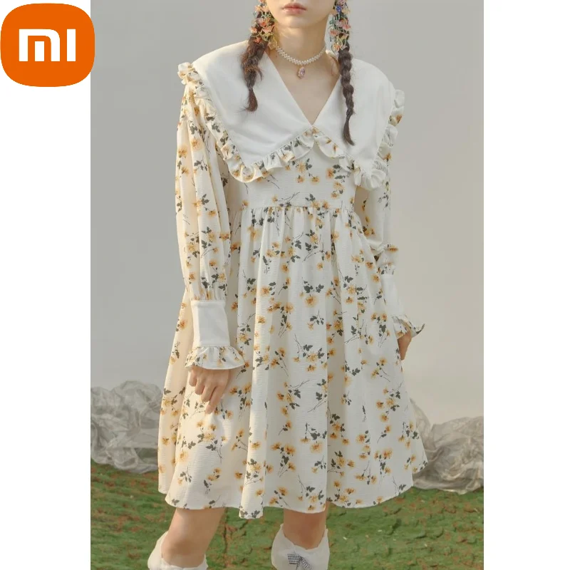 

Xiaomi Winter Floral Kawaii Dress Women Ruffled Patchwork Sweet Party Mini Dress Female Korean Fashion Print Designer Cute Dress