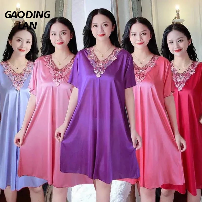 

Женская шелковая ночная рубашка Gaodinglan с коротким рукавом, летняя тонкая кружевная ночная рубашка с вышивкой и V-образным вырезом, Женская однотонная домашняя пижама