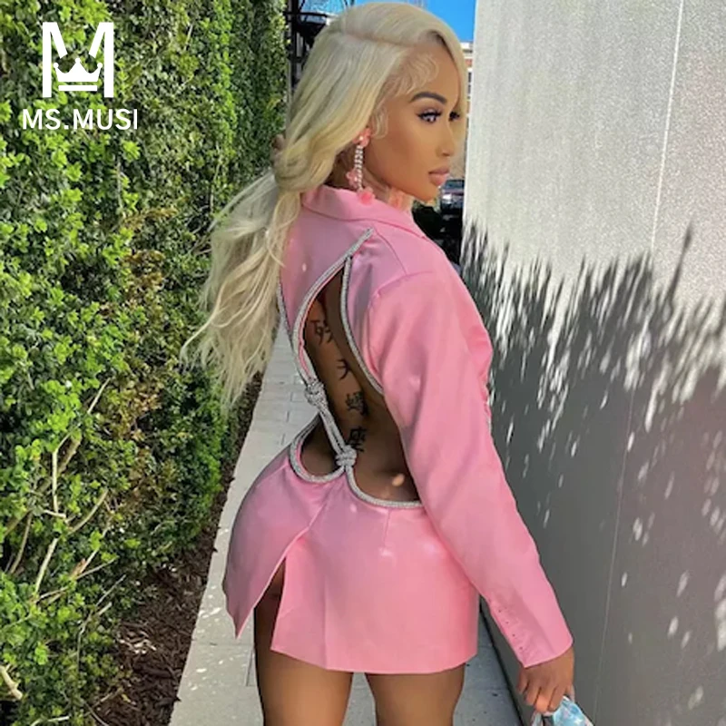 MSMUSI 2025 Новое модное женское сексуальное мини-платье с лацканами и кристаллами на