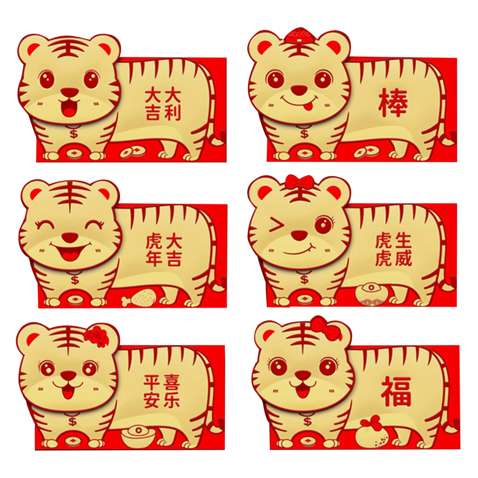 

6 шт., китайские красные конверты Hongbao, карман для денег на удачу, новогодние красные конверты с тигром 2022, блестящий рисунок, красный пакет дл...
